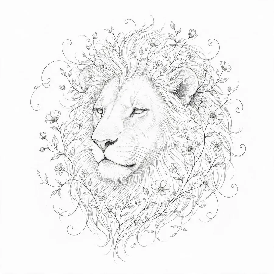 Ejemplo de fine line: león con flores