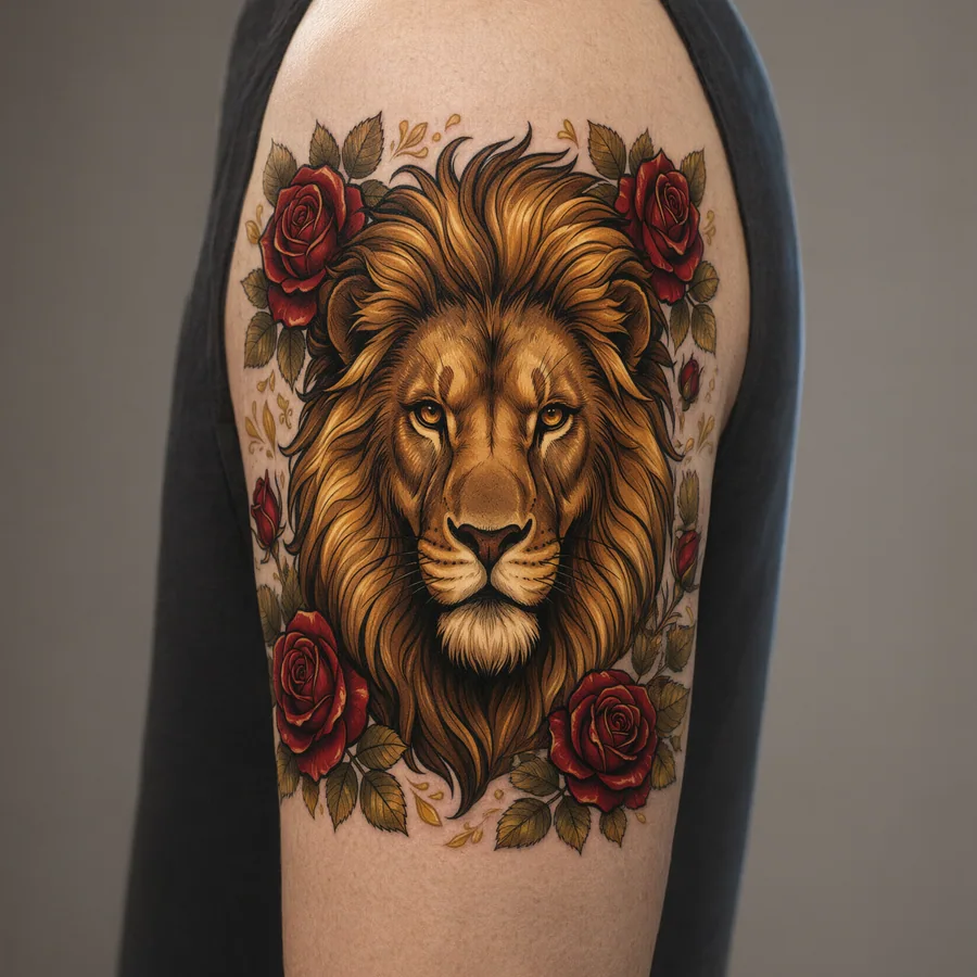 León estilo neotradicional, en el brazo