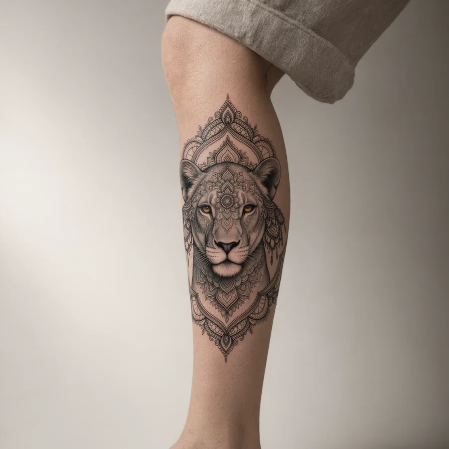 León estilo ornamental, en la pantorrilla
