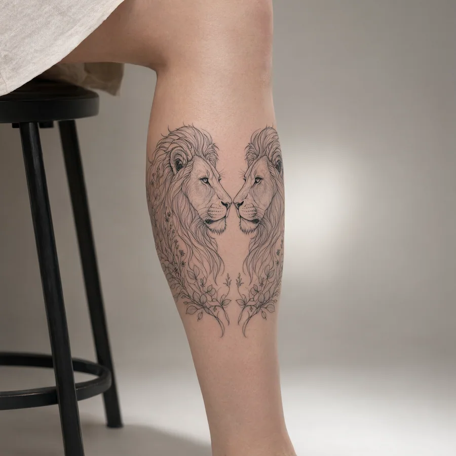 Leones estilo Fine line, en la piel